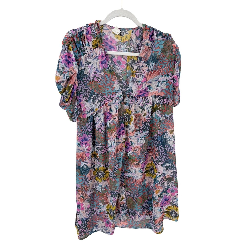 Akemi + Kin Anthropologie Floral V-Neck Mini Dress XSP Multicolor Puff Sleeve